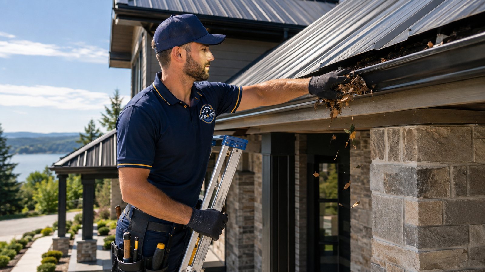 Peak & Panes technician performing eavestrough cleaning