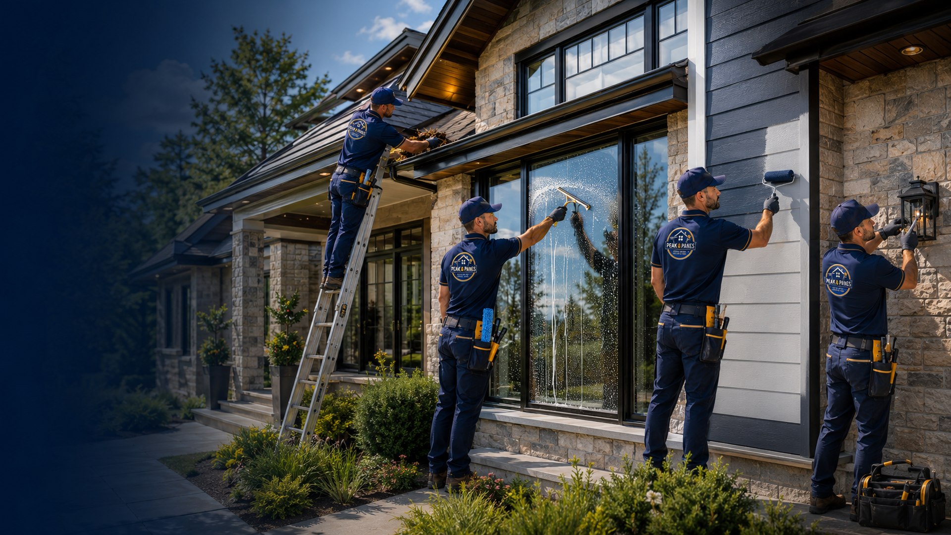 Peak & Panes team performing eavestrough cleaning, window cleaning, painting and a light fixture install